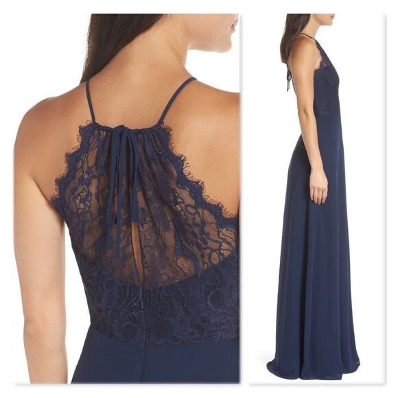 Haley Paige Lace Halter Overlay Chiffon Gown - Picture 2 of 14